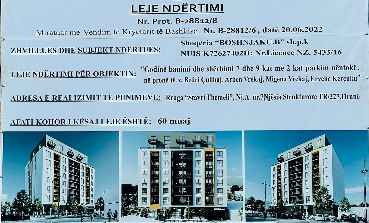 Godine Banimi dhe Sherbimi 7 dhe 9 kat me 2 kat parkim nentoke ne Rrugen Stavri Themeli, Tirane